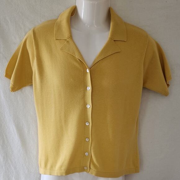 Van Heusen "For Her" VTG Mustard Yellow Short Sleeve Knit Collard Blouse W SZ M - Picture 1 of 7